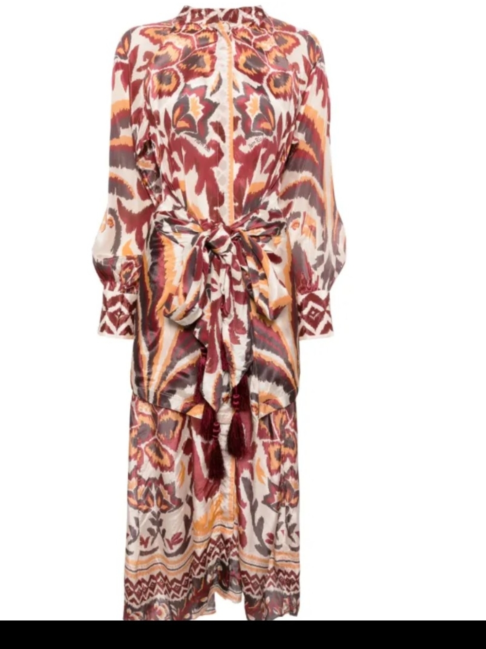 FARM Rio Multicolor Ikat-Print Long Sleeve Tie-Waist Maxi Dress